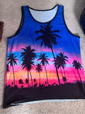Sunset Palm Print Tank Top - Vibrant Blue Pink Gradient